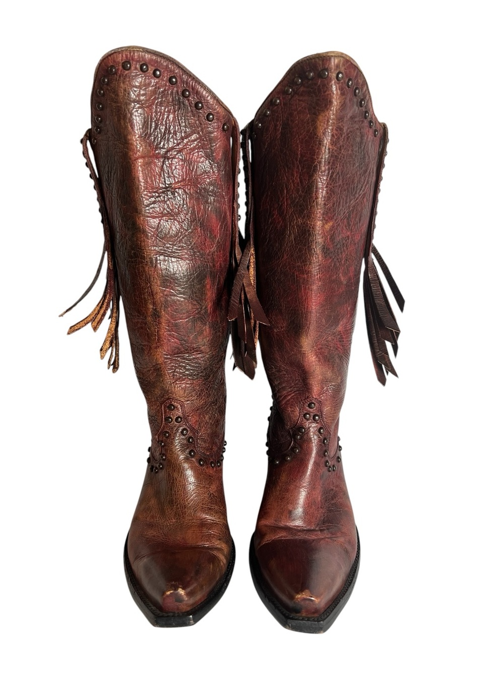 Old Gringo Snip Toe Deep Red Leather Studded Fringe Cowboy Boots Size 6